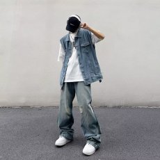 批发美式复古水洗<b class='q'>牛仔</b>马甲<b class='q'>背心</b>潮男女夏季街头五分裤百搭宽松无袖外套