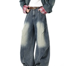 批发复古蓝高街宽松阔腿牛仔裤男美式复古<b class='q'>设计</b>感高腰垂感弯刀拖地裤子