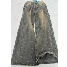 批发小个子宽松休闲水洗做旧直筒裤女春季十字星满印<b class='q'>设计</b>阔腿牛仔长裤