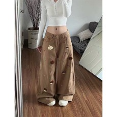 批发卡其色毛巾刺绣牛仔裤女<b class='q'>设计</b>感美拉德穿搭阔腿裤显瘦百搭直筒裤子