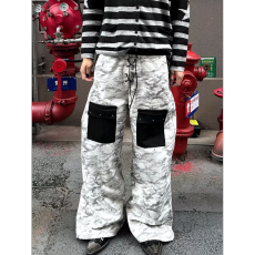 批发美式撞色双腰头多口袋<b class='q'>设计</b>感迷彩牛仔裤男女街头痞帅阔腿拖地长裤
