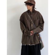 批发日系复古抗皱肌理感轻薄工装长袖<b class='q'>衬衫</b>男女秋冬基础款寸衣外套潮