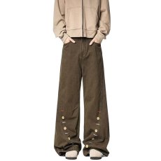 批发美式复古扣子弯刀裤牛仔裤女宽松垂感休闲阔腿裤<b class='q'>设计</b>感拖地裤长裤