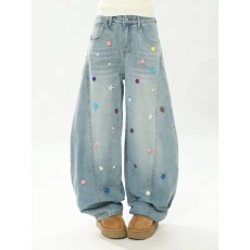 批发浅色高腰阔腿牛仔裤女春秋2025年新款美式泼墨<b class='q'>设计</b>宽松直筒拖地裤