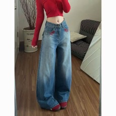 批发牛仔裤女春秋新款重工水洗烫钉烫钻<b class='q'>设计</b>感宽松显瘦高腰刺绣阔腿裤