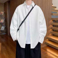 批发春秋季薄款长袖衬衫<b class='q'>男</b>纯色潮牌帅气高级垂感免烫宽松休闲衬衣外套