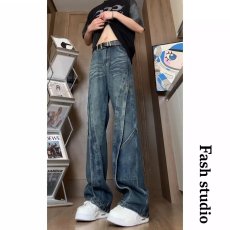 批发美式复古水洗做旧解构<b class='q'>设计</b>感牛仔裤男潮牌痞帅宽松直筒阔腿弯刀裤