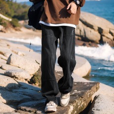 批发美式拼接黑色工装<b class='q'>牛仔裤</b>男春秋夏季薄款宽松直筒阔腿<b class='q'>男生</b>休闲裤子