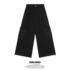 批发美式复古口袋铆钉弯刀工装裤男女<b class='q'>设计</b>感高街宽松休闲百搭阔腿裤潮