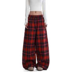 批发美式复古<b class='q'>设计</b>感拼色格子抽绳休闲裤百搭阔腿拖地长裤男女ins