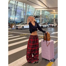 批发美式复古<b class='q'>设计</b>感拼色格子抽绳休闲裤百搭阔腿拖地长裤男女ins