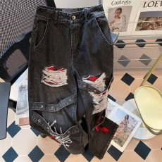 批发美式复古黑色绑带破洞牛仔裤女<b class='q'>设计</b>感朋克风直筒宽松阔腿拖地长裤