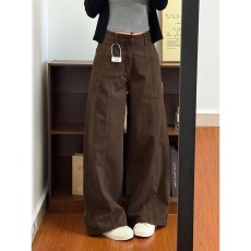 批发美式咖色休闲牛仔裤女宽松重工<b class='q'>设计</b>阔腿高腰收腹遮肉显瘦工装裤子