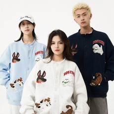 批发2026春秋美式复古刺绣卡通小狗宽松<b class='q'>棒球</b>服<b class='q'>外套</b>男女情侣开衫卫衣