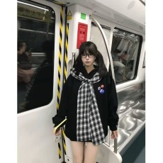 批发2026春秋原创美式复古格子披肩假两件长袖<b class='q'>卫衣</b><b class='q'>男</b>女夏季宽松上衣潮