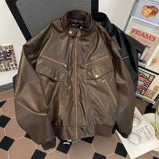 批发美式复古高级感PU皮衣夹克男女秋冬季<b class='q'>街头</b>飞行员机车服夹棉外套潮