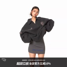批发BLACKBB/美式覆古做旧牛仔布<b class='q'>卫衣</b>V领套头夹克短宽运动训练服外套