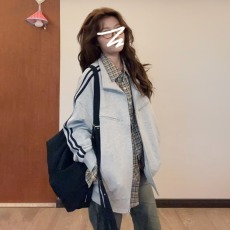 批发美式复古条纹<b class='q'>卫衣</b>外套女秋冬潮牌街头两道杠宽松百搭立领运动开衫