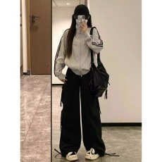 批发美式复古条纹<b class='q'>卫衣</b>外套女秋冬潮牌街头两道杠宽松百搭立领运动开衫