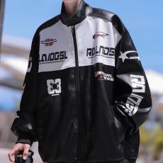 批发<b class='q'>棒球</b>服夹克男春秋新款青少年美式潮字母刺绣宽松帅气PU机车服<b class='q'>外套</b>