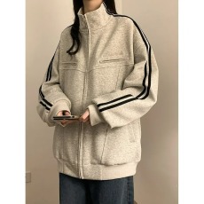 批发美式复古条纹卫衣外套女秋冬潮牌<b class='q'>街头</b>两道杠宽松百搭立领运动开衫