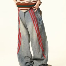 批发美式条纹工装<b class='q'>牛仔裤</b><b class='q'>男生</b>潮牌新款宽松直筒阔腿高街痞帅休闲长裤子