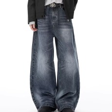 批发潮牌美式水洗做旧弯刀<b class='q'>牛仔</b>裤男女复古宽松潮流百搭阔腿裤