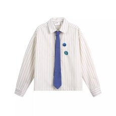 批发ins时尚美式复古个性徽章<b class='q'>设计</b>感领带条纹衬衫男潮牌宽松衬衣潮