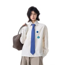 批发美式复古个性徽章<b class='q'>设计</b>感领带条纹衬衫男潮牌宽松衬衣潮慵懒新款