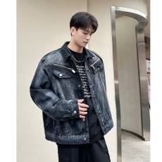 批发复古水洗做旧垫肩扎染牛仔外套男女小众拉链<b class='q'>设计</b>感翻领夹克上衣潮
