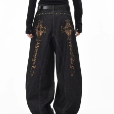 批发2026爆款秋季高腰图案<b class='q'>设计</b>黑色男女同款阔腿直筒刺绣纹理牛仔裤子