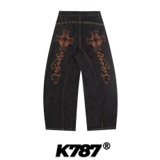 批发2026爆款秋季高腰图案<b class='q'>设计</b>黑色男女同款阔腿直筒刺绣纹理牛仔裤子