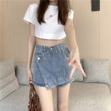 批发不规则拼接牛仔短裤女夏季新款大码胖MM显瘦<b class='q'>设计</b>感A字阔腿短裤裙