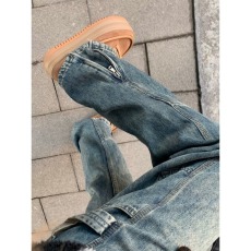 批发美式高街复古<b class='q'>设计</b>感工装牛仔裤男女款高腰显瘦潮牌开叉拉链直筒裤
