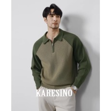 批发KARESINO美式重磅撞色拼接翻领针织卫生衣<b class='q'>男士</b>休闲半拉链<b class='q'>毛衣</b>男