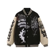 加厚夹棉美式复古字母春秋拼接棒球服男嘻哈宽松百搭潮流夹克外套