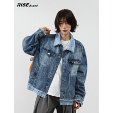 批发V 韩系<b class='q'>休闲</b>格子拼接假两件牛仔外套女设计感百搭情侣款<b class='q'>夹克</b>