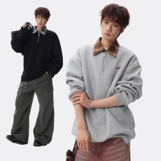 批发重磅半拉链polo<b class='q'>卫衣</b><b class='q'>男</b>冬假两件格纹休闲<b class='q'>外套</b>潮牌宽松情侣翻领上衣