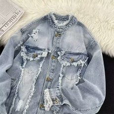 批发高街毛边<b class='q'>设计</b>水洗牛仔夹克男女bf春秋季小众宽松重工破洞立领外套