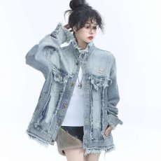 批发秋季破洞牛仔<b class='q'>夹克</b>男ins宽松港风潮流工装上衣情侣装百搭<b class='q'>休闲</b>外套