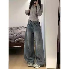 批发美式复古蓝弯刀牛仔裤女宽松遮胯显瘦微胖mm高腰遮肚藏肉阔腿裤子