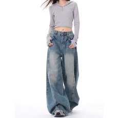 批发小众设计感廓形弯刀裤男美式古着做旧牛仔裤宽松显瘦休闲阔腿裤子