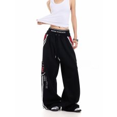 批发拼接条纹休闲运动裤女2026春秋季新款炸街时尚个双裤头印花弯刀裤