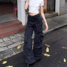 批发帅气多口袋休闲牛仔工<b class='q'>装裤</b><b class='q'>女</b>秋新款高腰宽松显瘦百搭直筒阔腿裤子