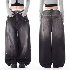 批发复古泼墨牛仔裤男直筒宽松弯刀阔腿水洗做旧美式高街裤子潮流百搭