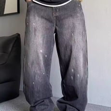 批发美式复古黑灰色水洗泼漆宽松直筒牛仔裤男潮牌痞帅百搭休闲长裤子