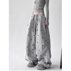 批发星星印花美式复古休闲长裤女秋冬加绒宽松高腰显瘦直筒运动裤