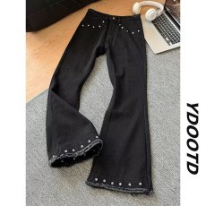 批发美式铆钉微喇牛仔裤男款cleanfit水洗黑色裤子直筒修身柳叶弯刀裤