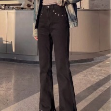 批发美式铆钉微喇牛仔裤男款cleanfit水洗黑色裤子直筒修身柳叶弯刀裤