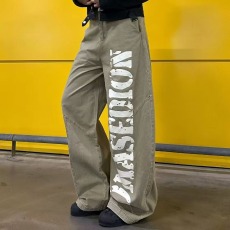 批发美式复古字母卡其色印花弯刀牛仔裤女冬季高街宽松显瘦拖地阔腿裤